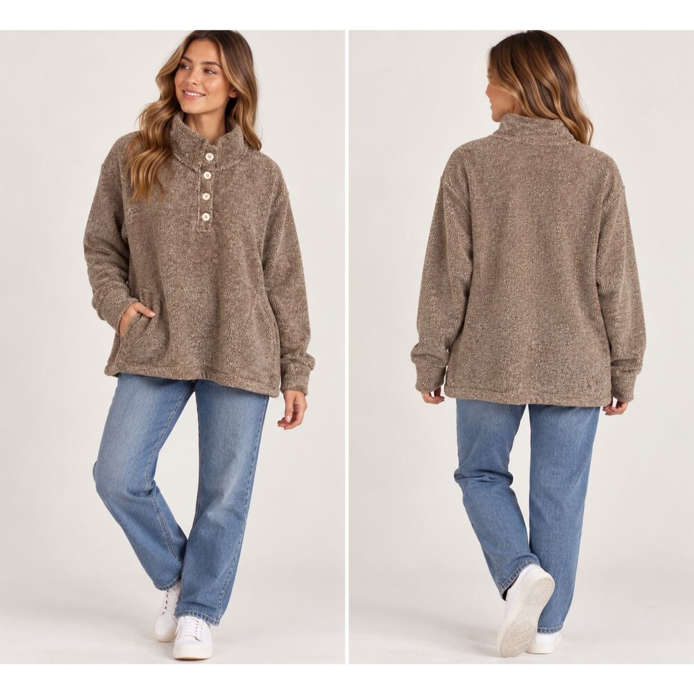 Eddie Bauer Womens XXL Sweater Fleece Pullover Henley Long Sleeve Brown Cozy